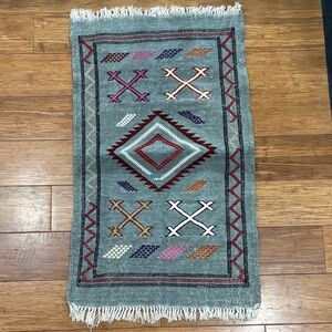 Handmade Moroccan Boho Accent Rug Gray Geometric Fringe 34.5x19.5